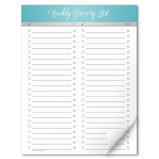 Turquoise Header Full Page Weekly Grocery List - 8.5" x 11" Notepad. An 8.5" x 11" turquoise header full page weekly grocery list notepad for planning your weekly grocery shopping. This printed full letter size notepad contains 53 pages of weekly grocery lists, with a turquoise header and 2 column design.