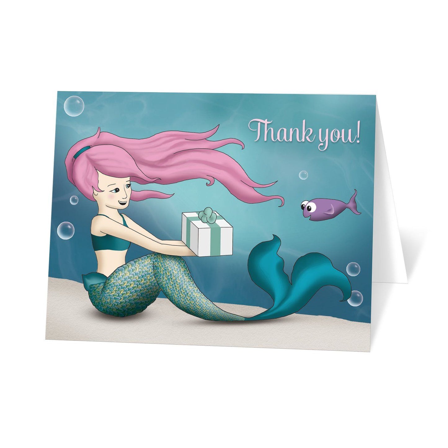 Under the Sea Mermaid Thank You Cards at Artistically Invited. Uniquely illustrated under the sea mermaid thank you cards with an under the sea theme. They are designed with a mermaid with pink hair exchanging a gift with a happy little purple fish. This underwater illustration is has an aqua blue water background. It's sprinkled with some whimsical bubbles to add some fun to the design. "Thank you!" is printed in a light pink script font in the corner over the water.