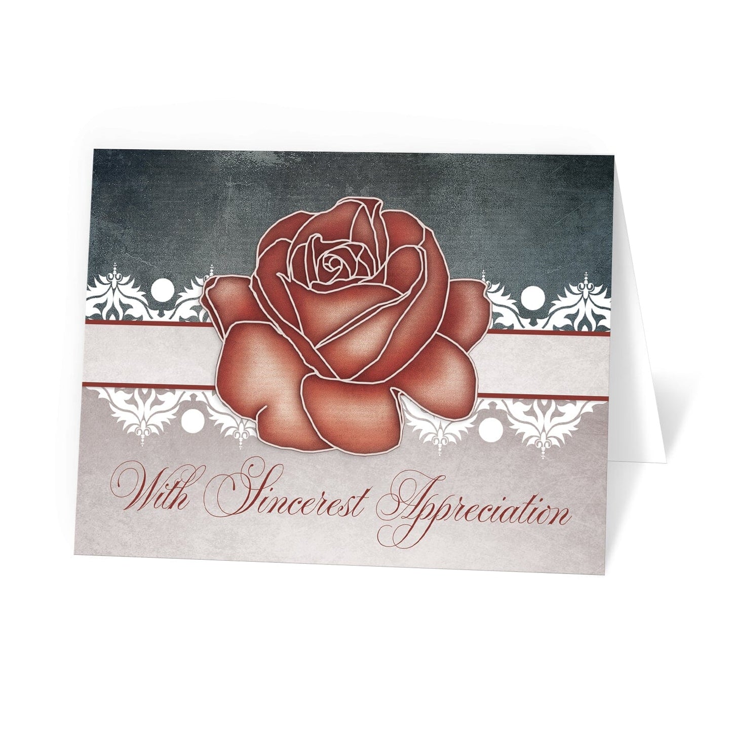 Vintage Rustic Country Rose Thank You Cards at Artistically Invited. Vintage rustic country rose thank you cards with a vintage rustic country style featuring a stylized artistic red rose over a stripe outlined in red and lined with white damask elements. The background is designed with a dark navy blue canvas texture illustration along the top and a beige vintage parchment illustration with the words "With Sincerest Appreciation" printed in a fancy dark red script font along the bottom.