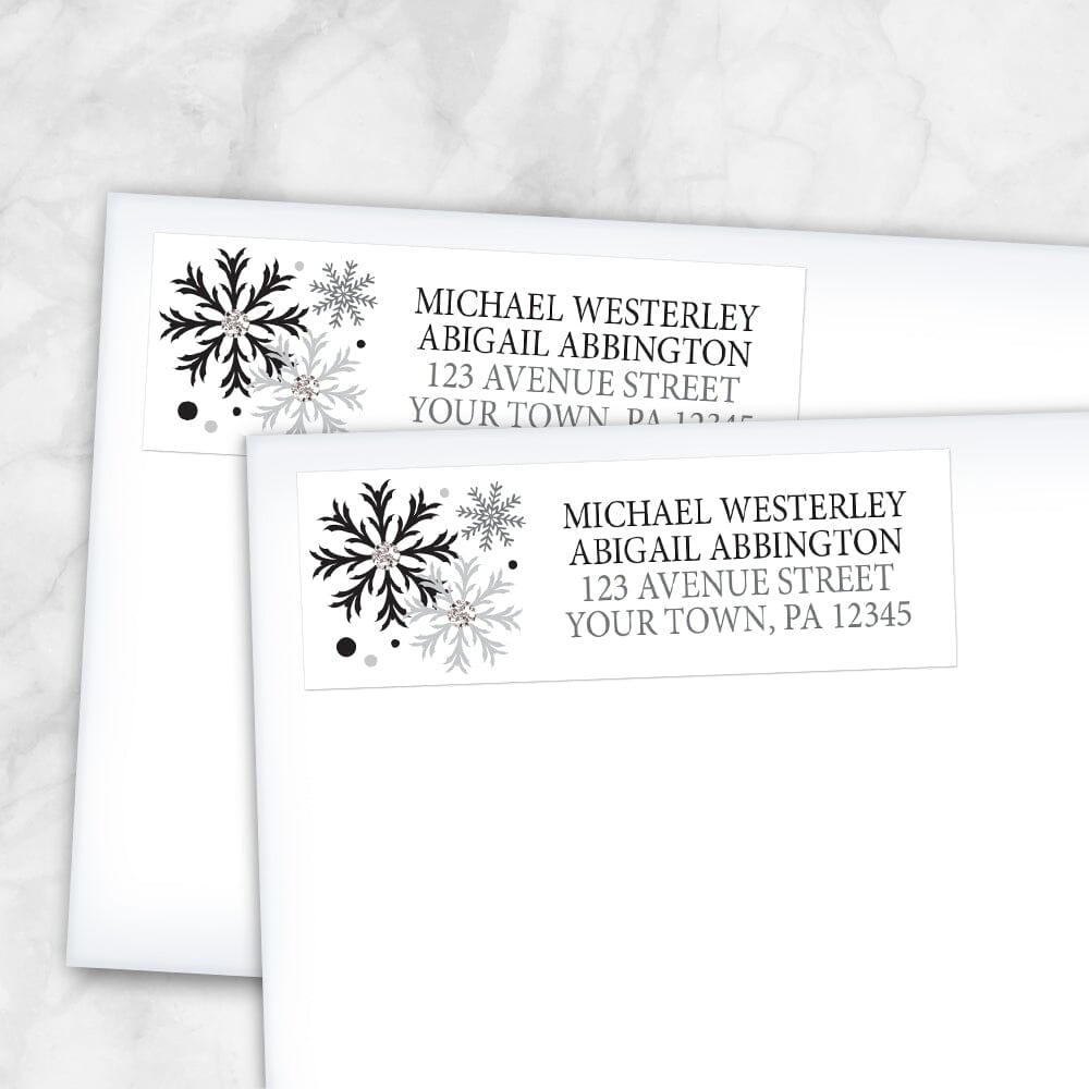 Winter Black Silver Snowflake Address Labels (shown on envelopes) at Artistically Invited.