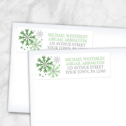 Winter Green Silver Snowflake Address Labels (shown on envelopes) at Artistically Invited.