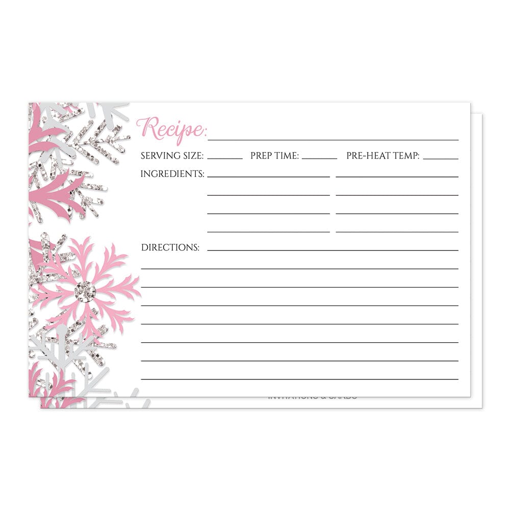 Winter Pink Silver Snowflake Recipe Cards (front side) at Artistically Invited. Winter pink silver snowflake recipe cards designed with pink, light pink, and silver-colored glitter-illustrated snowflakes along the left side. The recipe is to be handwritten over white on the remaining area of the recipe cards beside the snowflakes design.