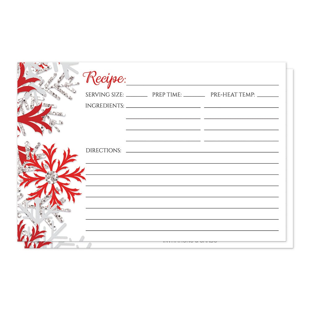 Winter Red Silver Snowflake Recipe Cards (front side) at Artistically Invited. Winter red silver snowflake recipe cards designed with red, darker red, and silver-colored glitter-illustrated snowflakes along the left side. The recipe is to be handwritten over white on the remaining area of the recipe cards beside the snowflakes design.