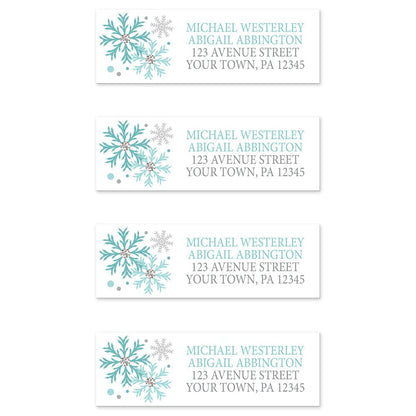 Winter Teal Silver Snowflake Address Labels (4 to a sheet) at Artistically Invited.