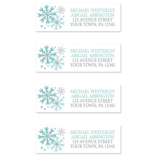 Winter Teal Silver Snowflake Address Labels (4 to a sheet) at Artistically Invited.