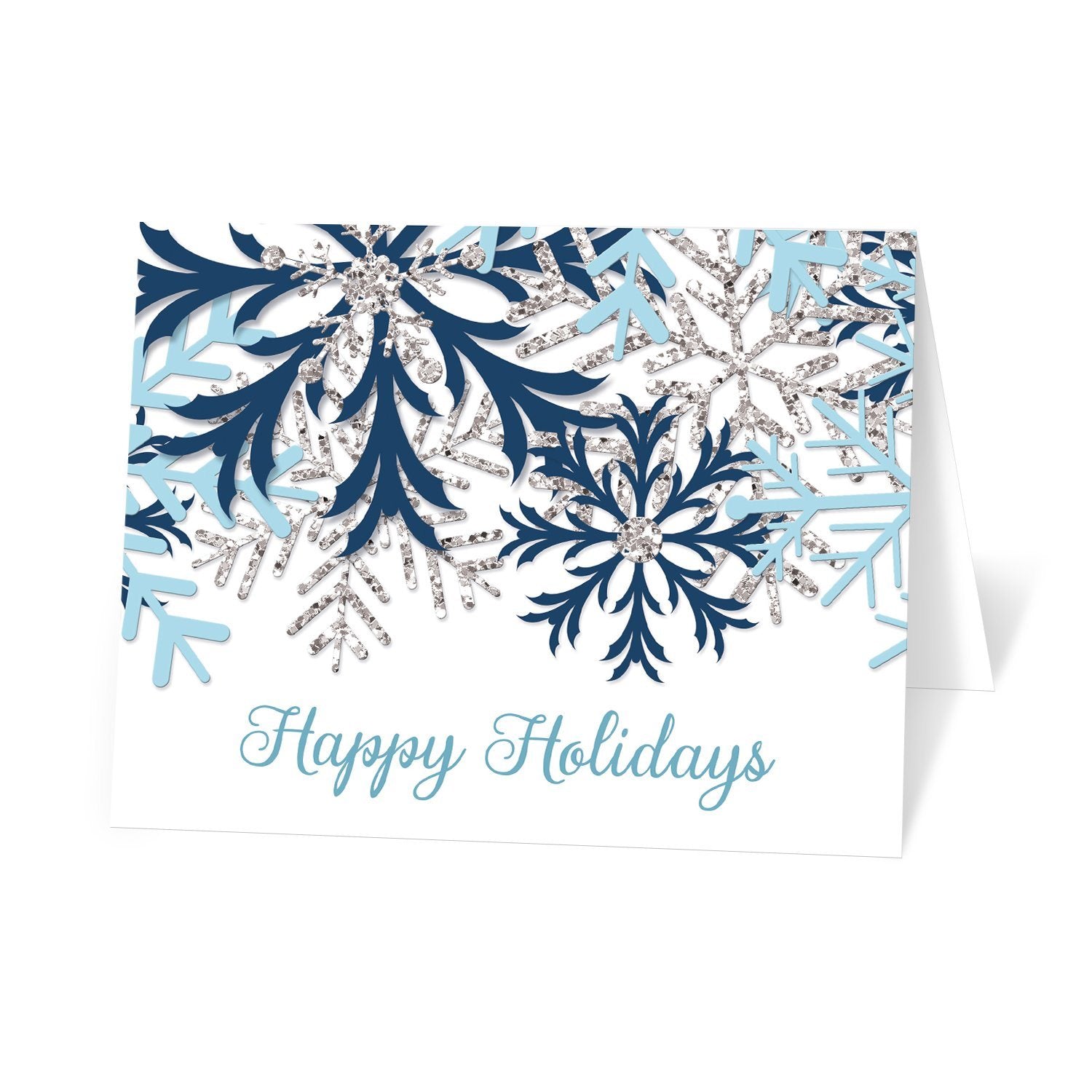 Winter Blue Silver Snowflake Holiday Cards at Artistically Invited. Modern Winter blue Holiday cards designed with navy blue, aqua blue, and silver glitter-illustrated snowflakes over a white background. 'Happy Holidays' is printed in a whimsical blue script font over the white below the snowflakes. This frosty two-tone blue snowflake design is perfect for your Christmas Holiday greetings.