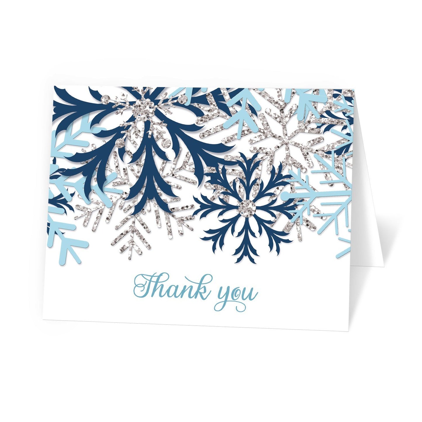 Winter Blue Silver Snowflake Thank You Cards at Artistically Invited. Winter blue silver snowflake thank you cards with navy blue, silver-colored glitter-illustrated, and aqua blue snowflakes over a white background and 'Thank you' printed in a whimsical blue script font. 