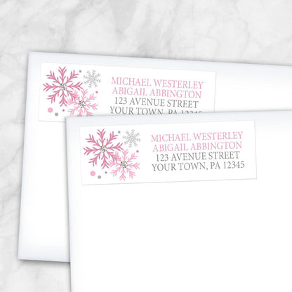 Winter Pink Silver Snowflake Address Labels at Artistically Invited