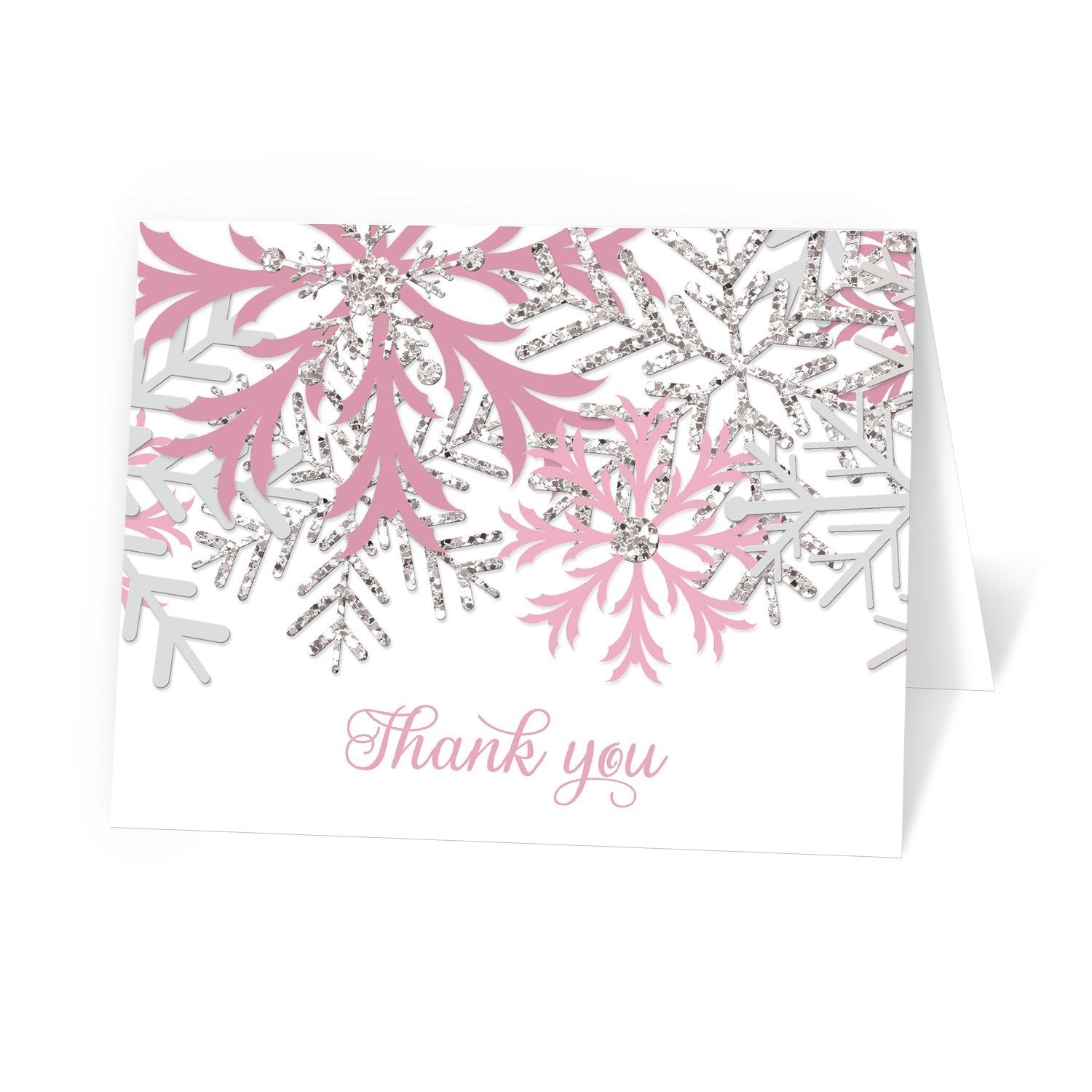 Winter Pink Silver Snowflake Thank You Cards at Artistically Invited. Winter pink silver snowflake thank you cards with pink and silver-colored glitter-illustrated snowflakes over a white background and 'Thank you' printed in a whimsical pink script font. 