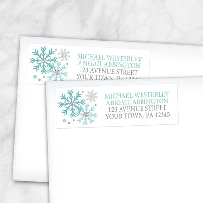 Winter Teal Silver Snowflake Address Labels at Artistically Invited