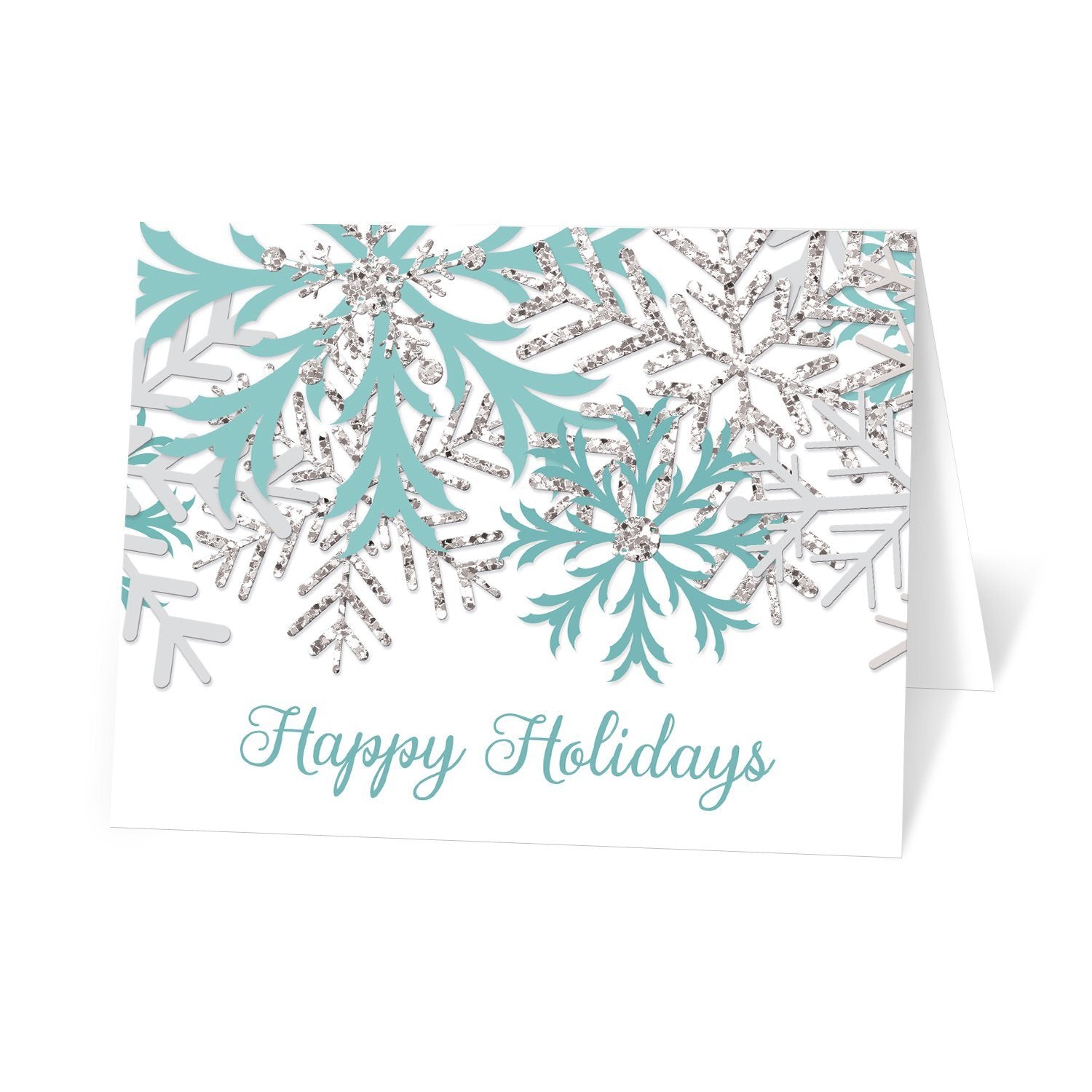 Winter Teal Silver Snowflake Holiday Cards at Artistically Invited. Modern winter teal holiday cards designed with teal, light gray, and silver glitter-illustrated snowflakes over a white background. 'Happy Holidays' is printed in a whimsical teal script font over the white below the snowflakes. 